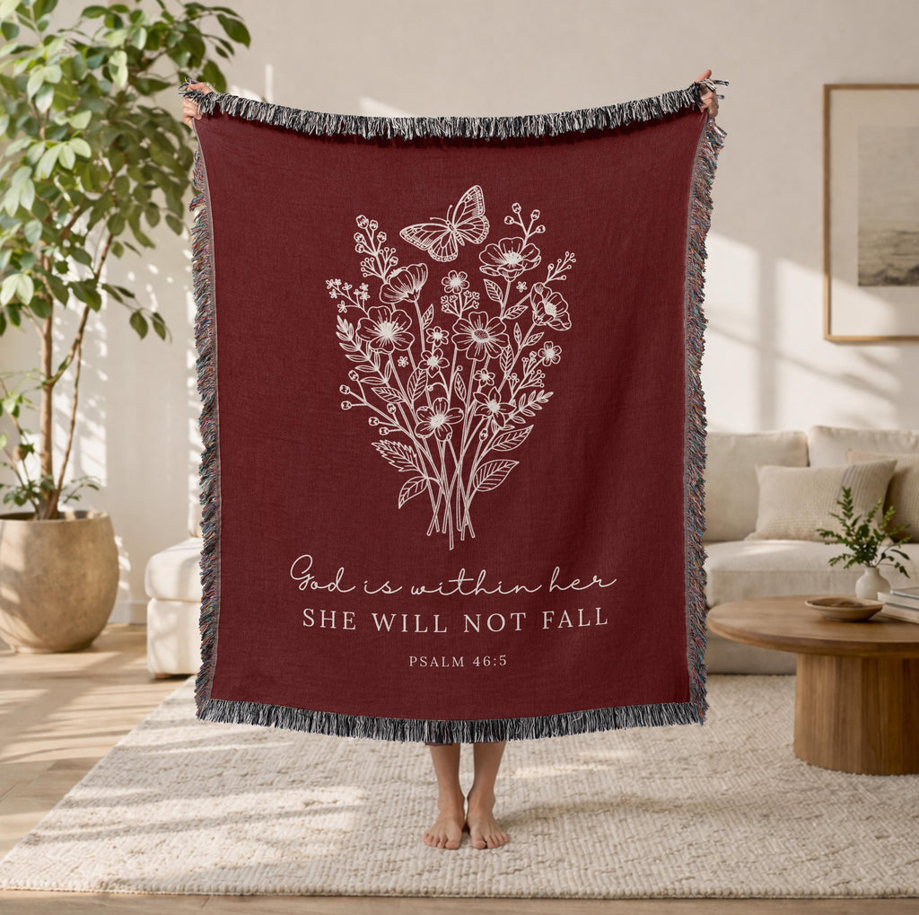 God Is Within Her She Will Not Fall Floral Woven Blanket Psalm 46:5 Christian Gift for Women Faith Inspirational Throw Sympathy Healing Gift