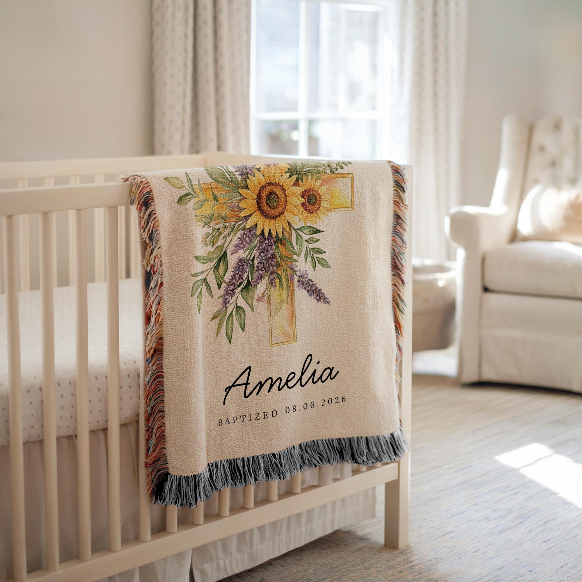 Personalized Baptism Blanket with Floral Cross