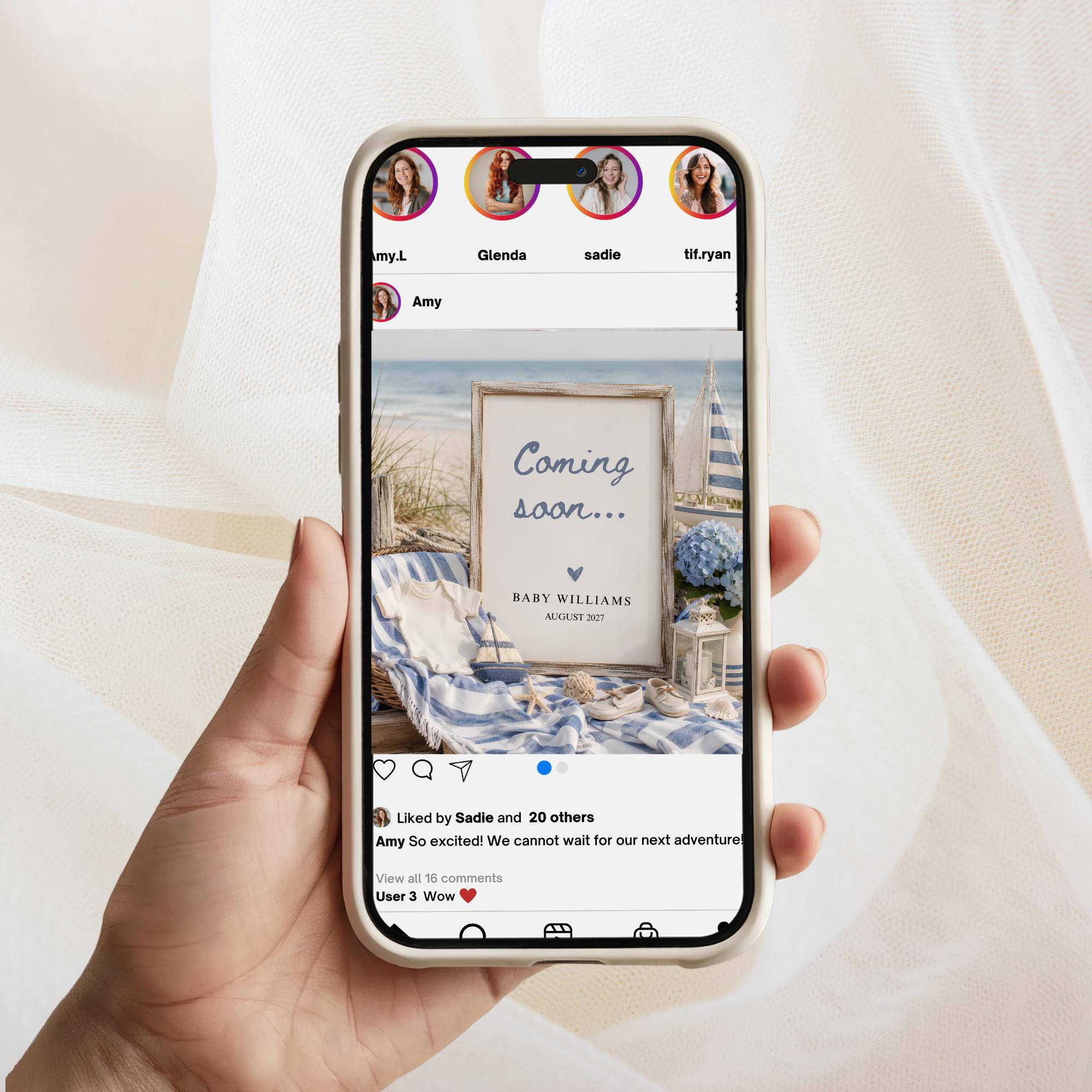 Digital Coastal Beach Pregnancy Announcment Template