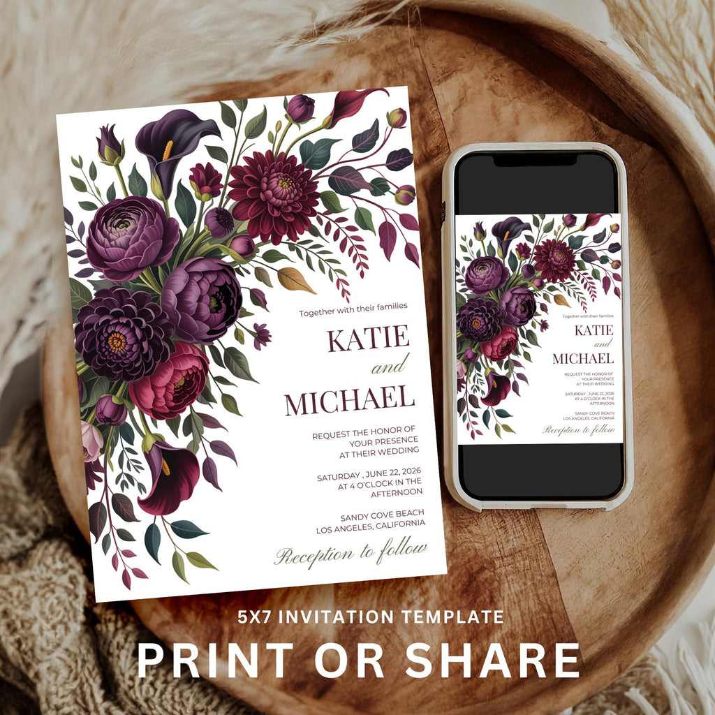 Purple Floral Wedding Invitation Template