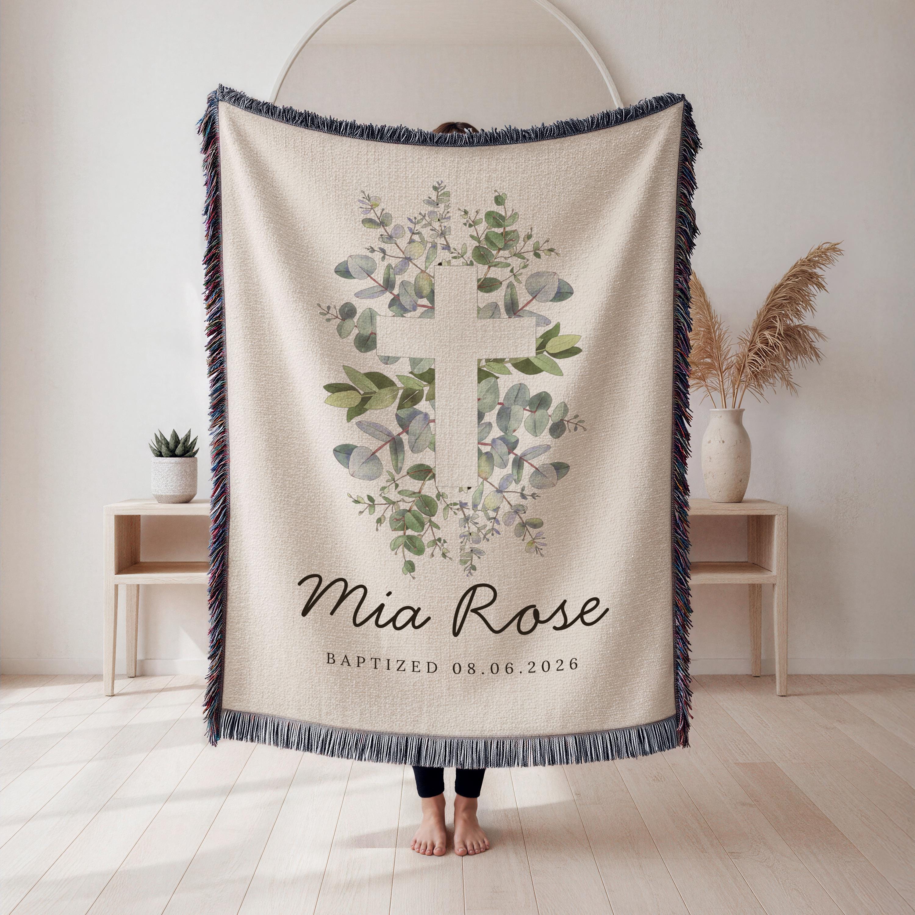 Personalized Baptism Blanket with Floral Cross