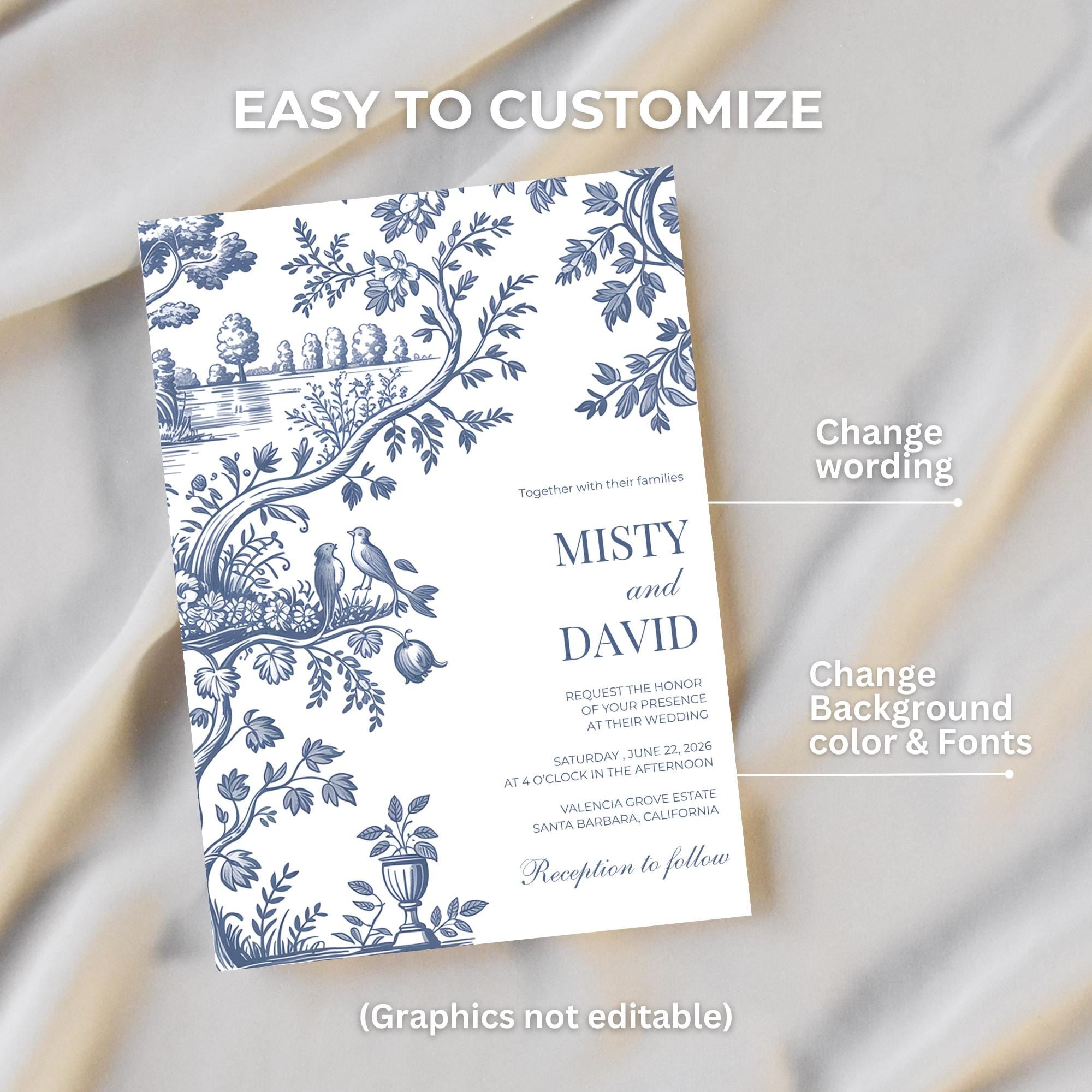 Dusty Blue Toile Wedding Invitation Set