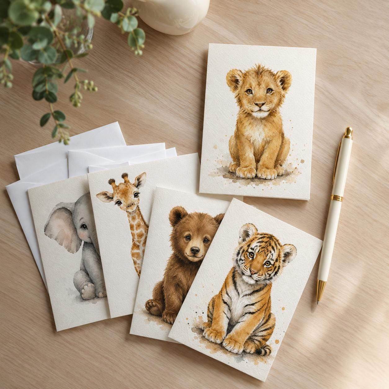Watercolor Baby Safari Animals Greeting Cards (5-Pack)