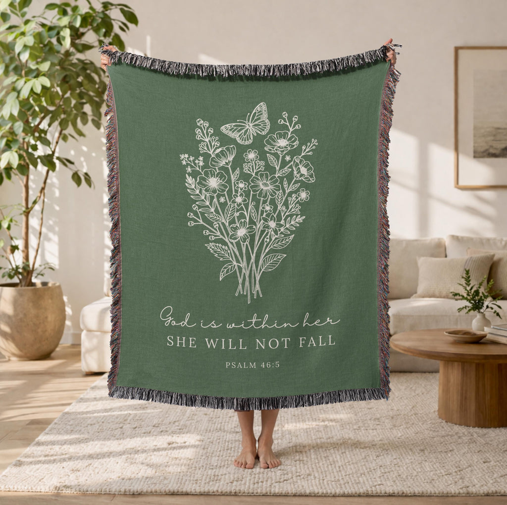 God Is Within Her She Will Not Fall Floral Woven Blanket Psalm 46:5 Christian Gift for Women Faith Inspirational Throw Sympathy Healing Gift