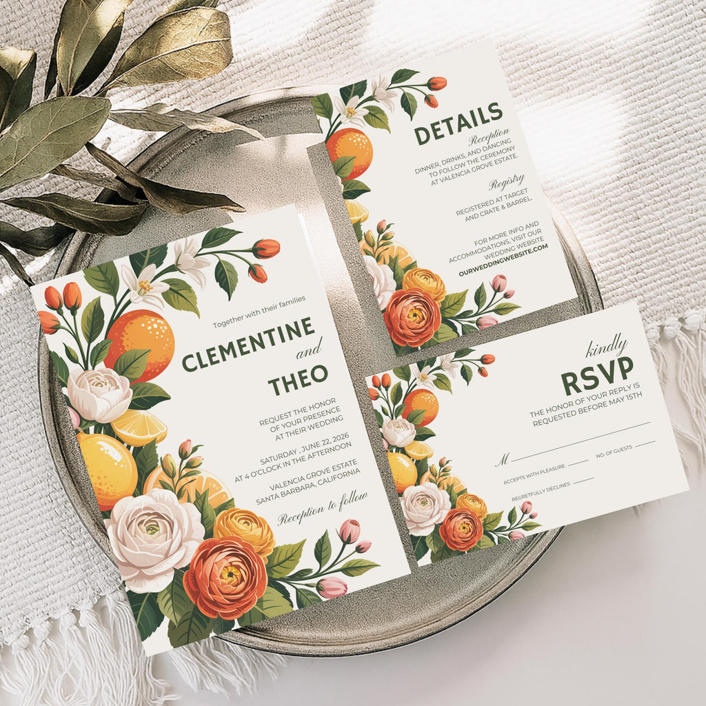 Floral Citrus Wedding Invitation Set