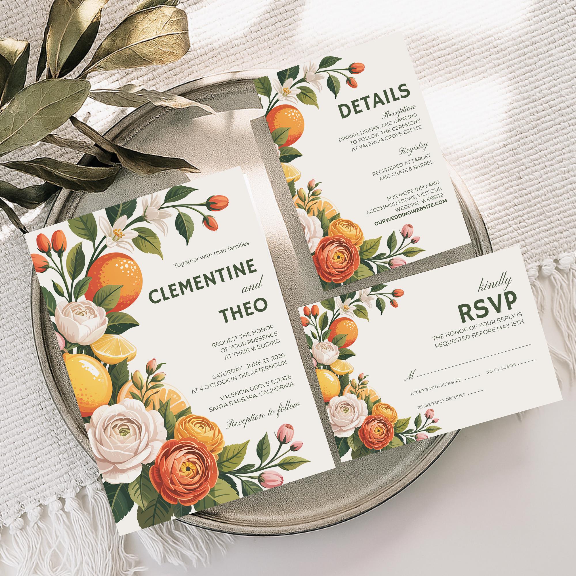 Floral Citrus Wedding Invitation Set