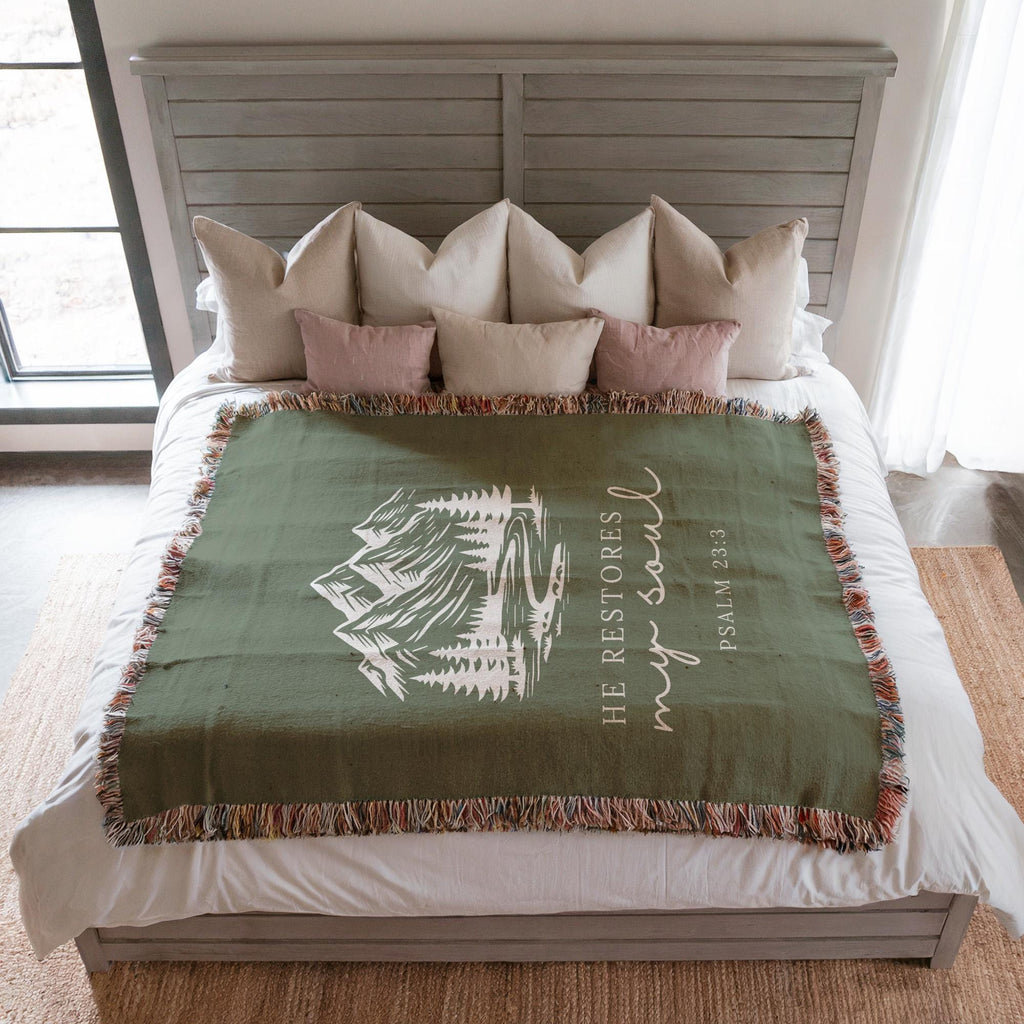 Christian Blanket Psalm 23:3 He Restores My Soul Faith Gift for Women Mom Grandma Scripture Throw Healing Comfort Nature Inspired Blanket