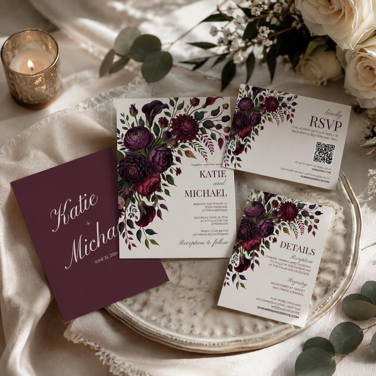 Purple Floral Wedding Invitation Template