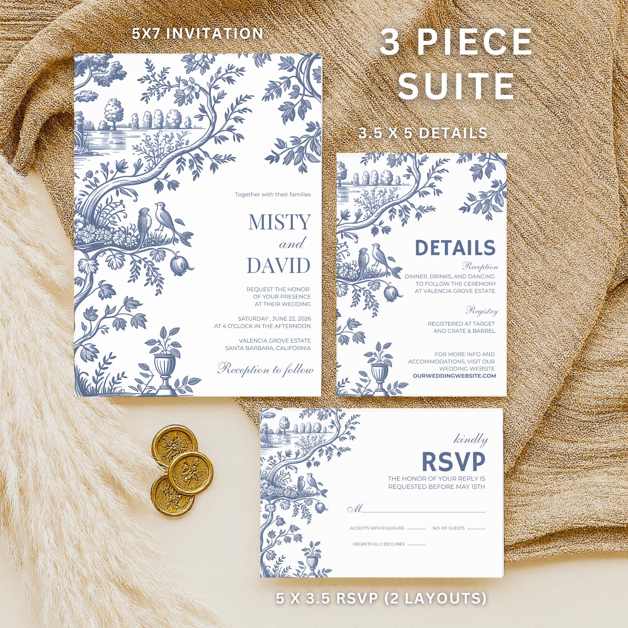 Dusty Blue Toile Wedding Invitation Set