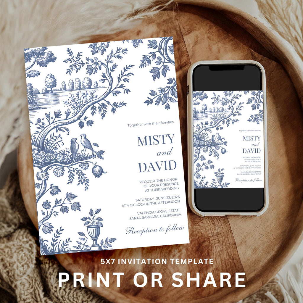 Dusty Blue Toile Wedding Invitation Set