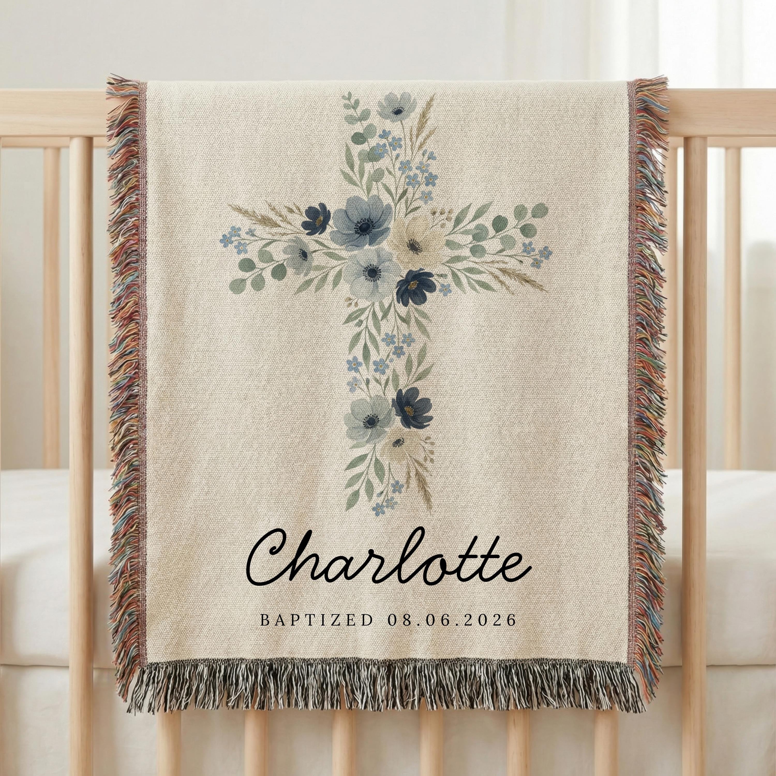 Personalized Baptism Blanket with Floral Cross