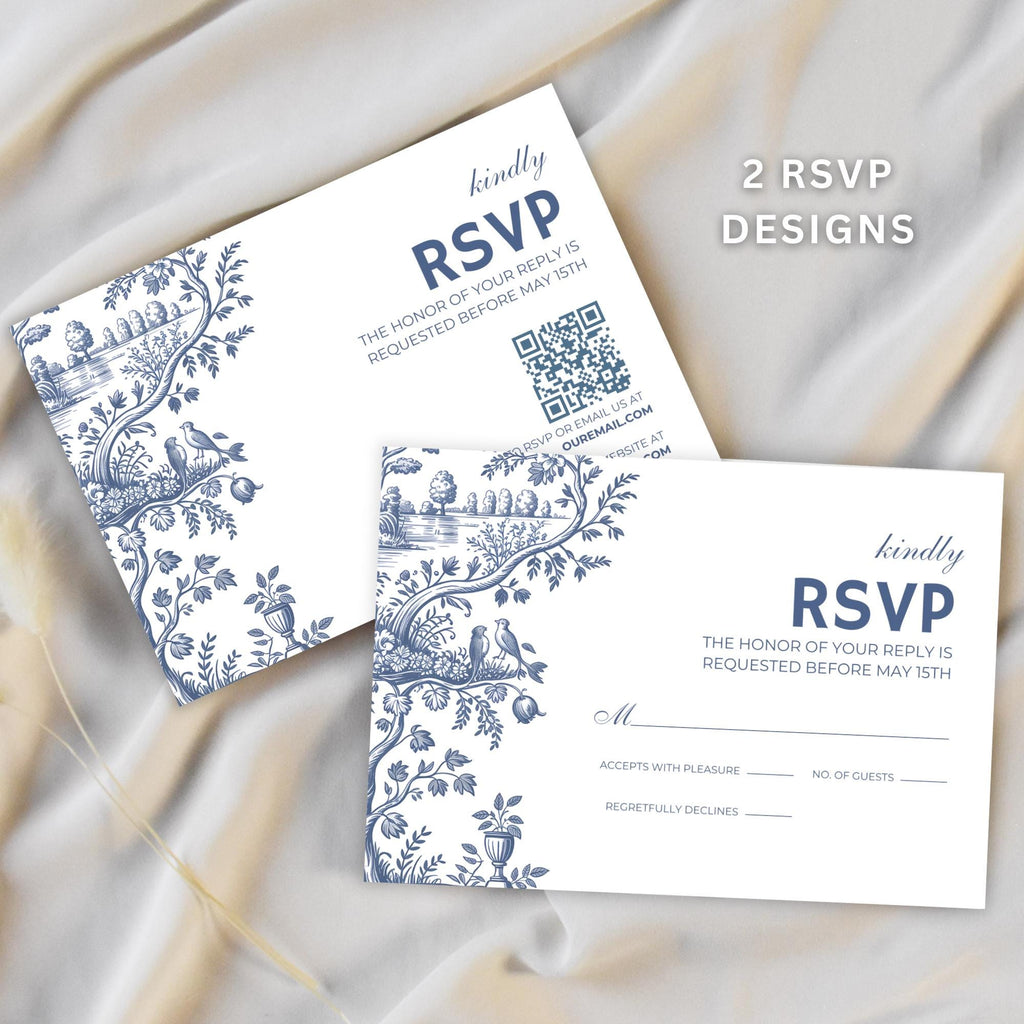 Dusty Blue Toile Wedding Invitation Set