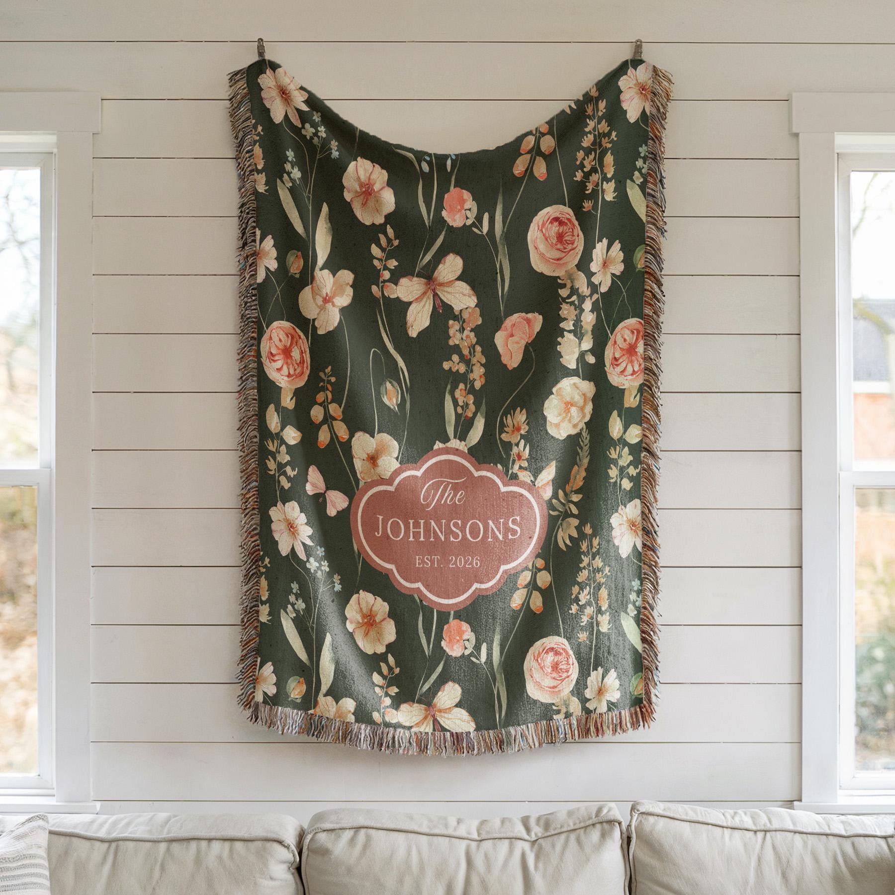 Personalized Moss Green Floral Blanket