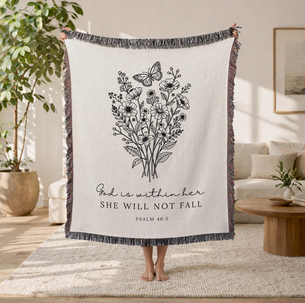 God Is Within Her She Will Not Fall Floral Woven Blanket Psalm 46:5 Christian Gift for Women Faith Inspirational Throw Sympathy Healing Gift