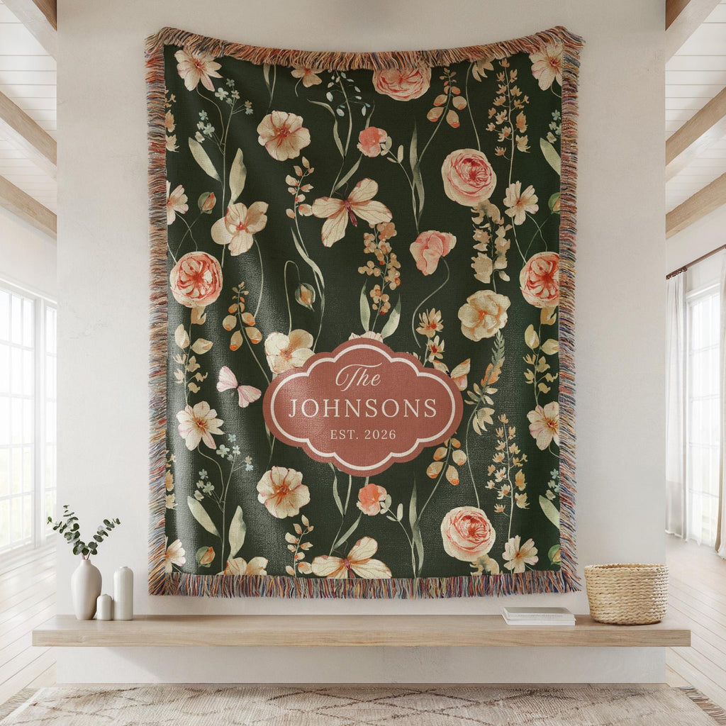 Personalized Moss Green Floral Blanket