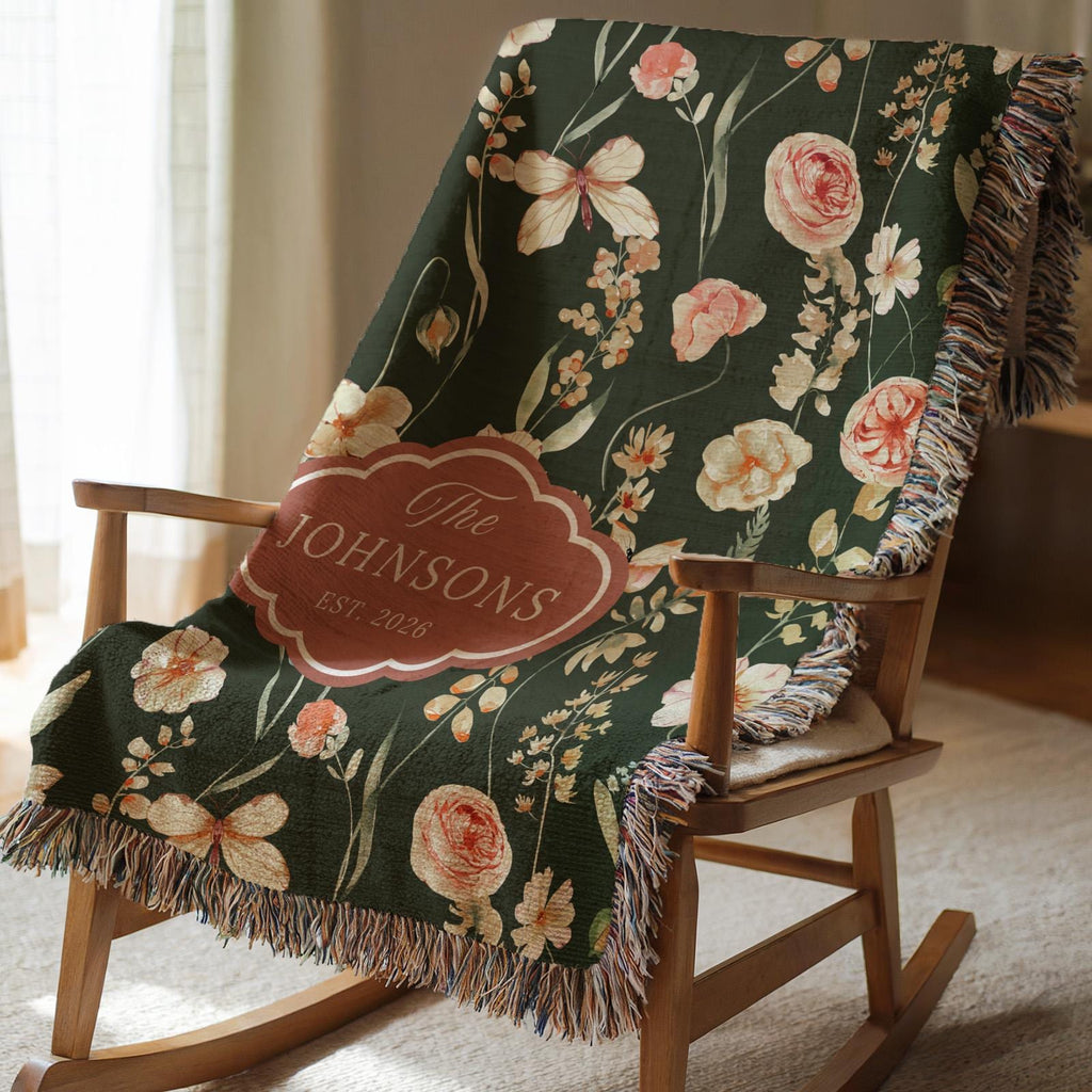 Personalized Moss Green Floral Blanket
