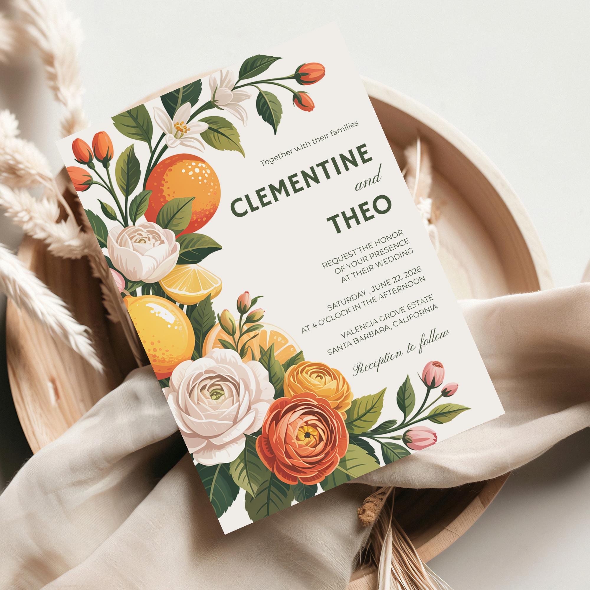 Floral Citrus Wedding Invitation Set