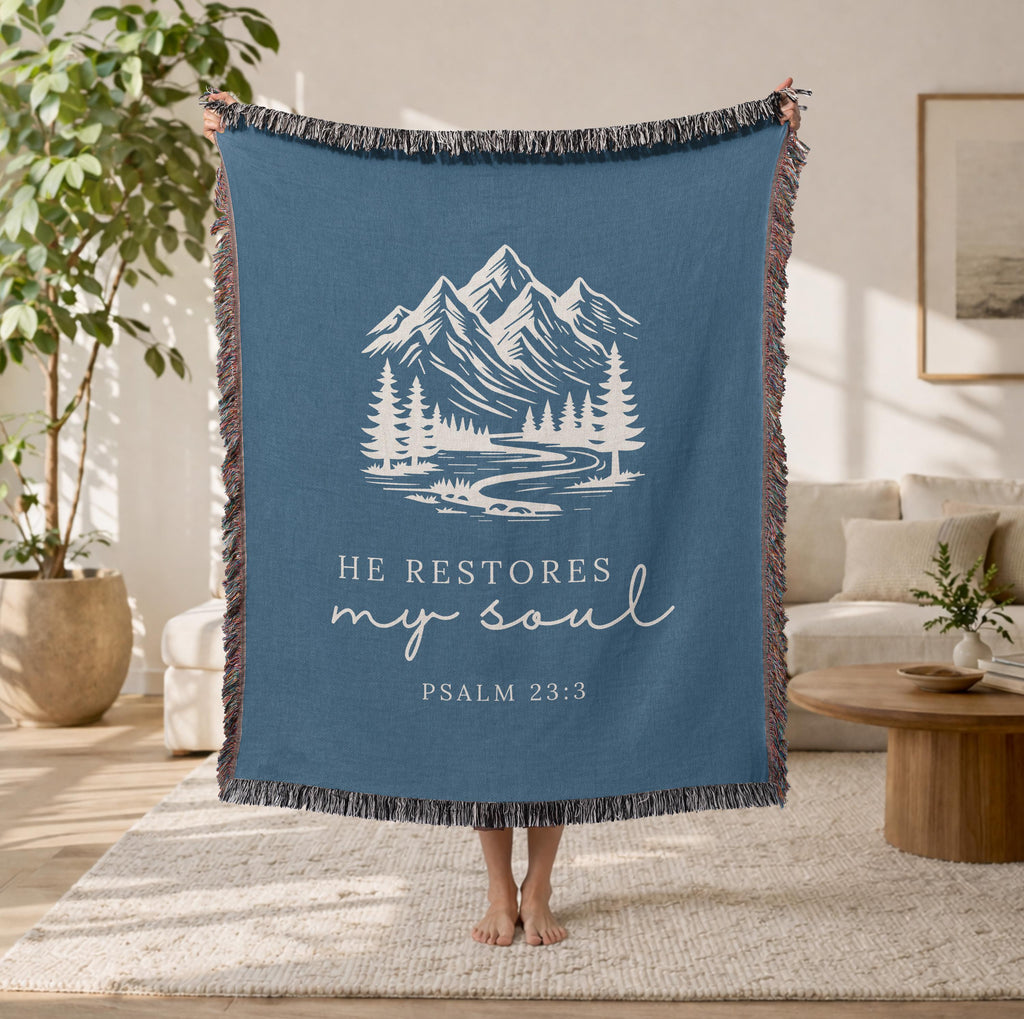 Christian Blanket Psalm 23:3 He Restores My Soul Faith Gift for Women Mom Grandma Scripture Throw Healing Comfort Nature Inspired Blanket