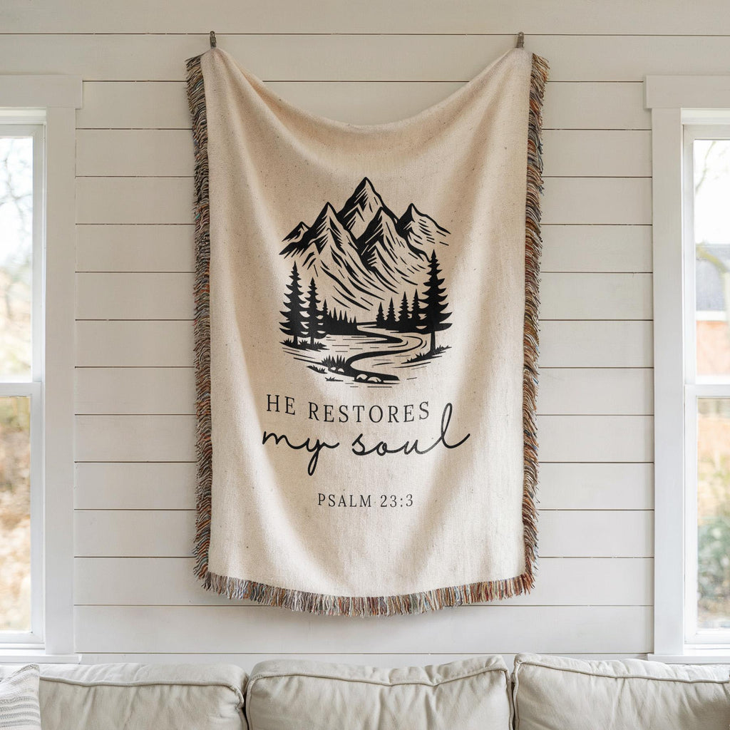 Christian Blanket Psalm 23:3 He Restores My Soul Faith Gift for Women Mom Grandma Scripture Throw Healing Comfort Nature Inspired Blanket