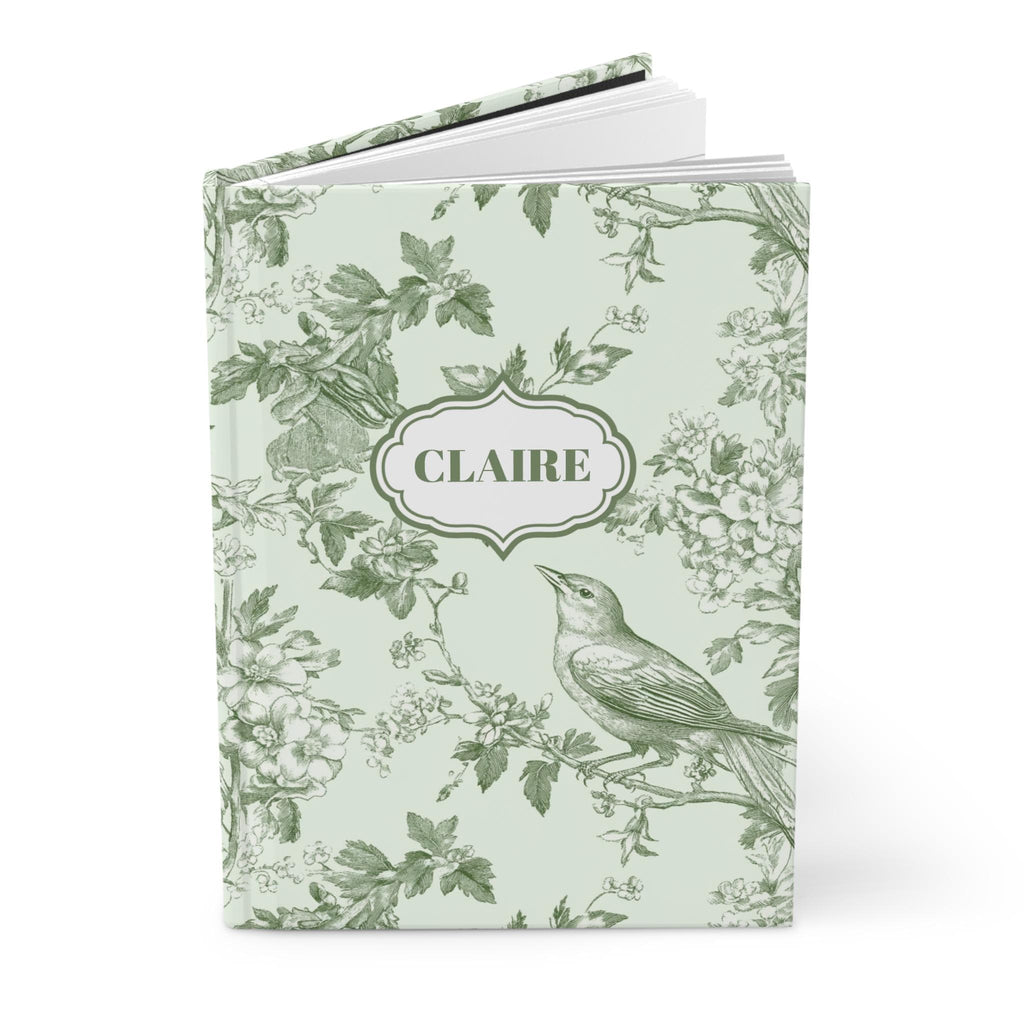 Personalized Toile Bird Journal - Green Chinoiserie Grandmillenial Custom Notebook