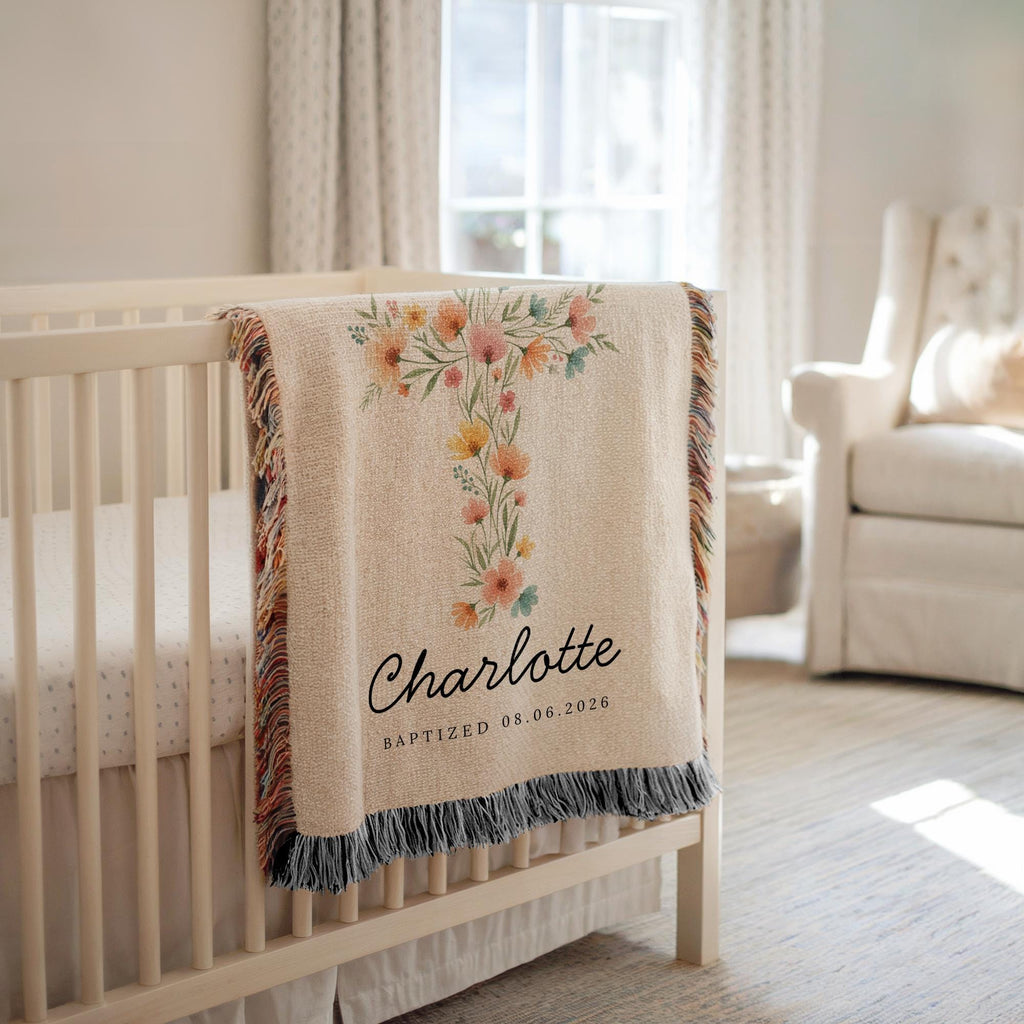 Personalized Baptism Blanket with Floral Cross