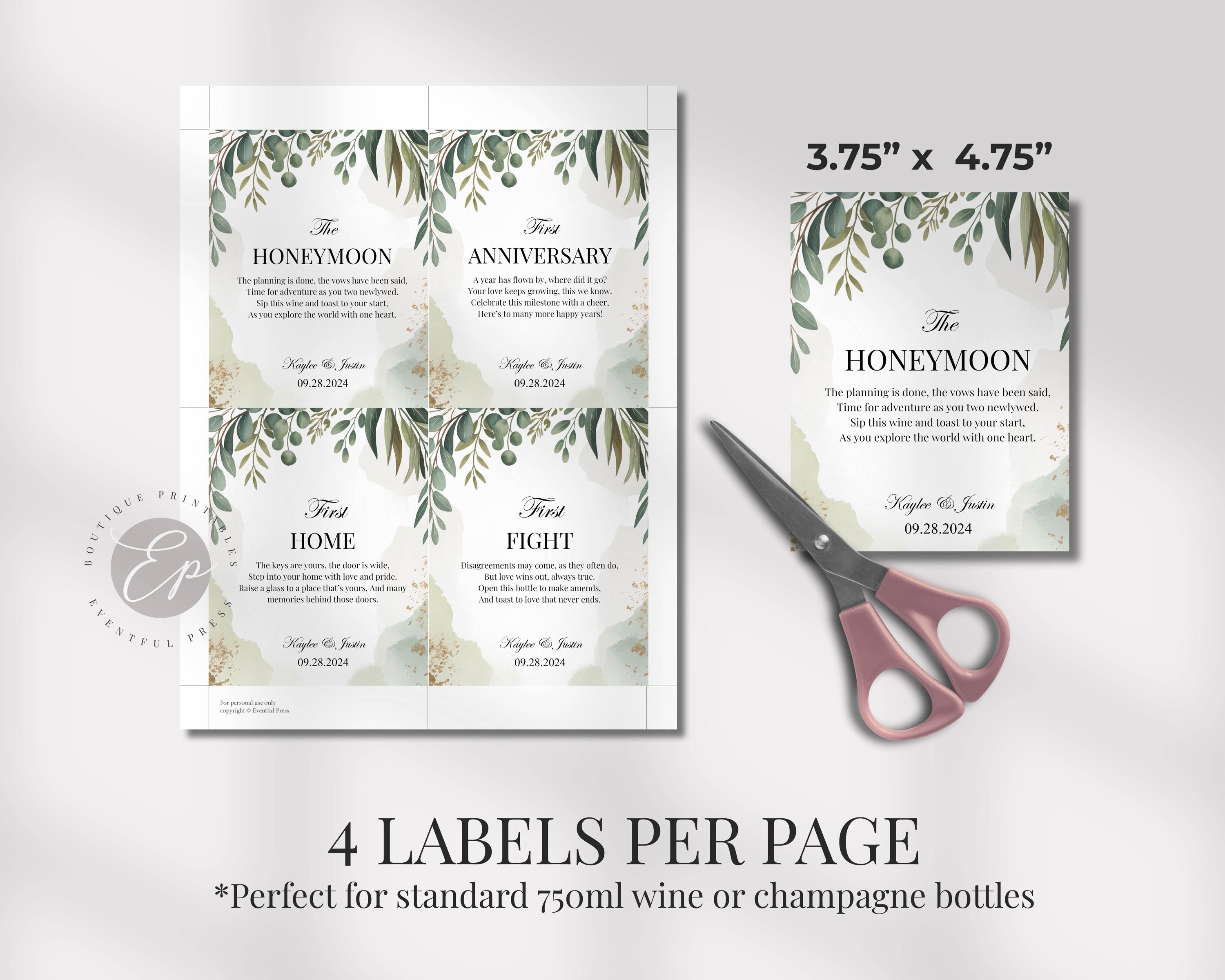 Greenery Wedding Wine Bottle Labels