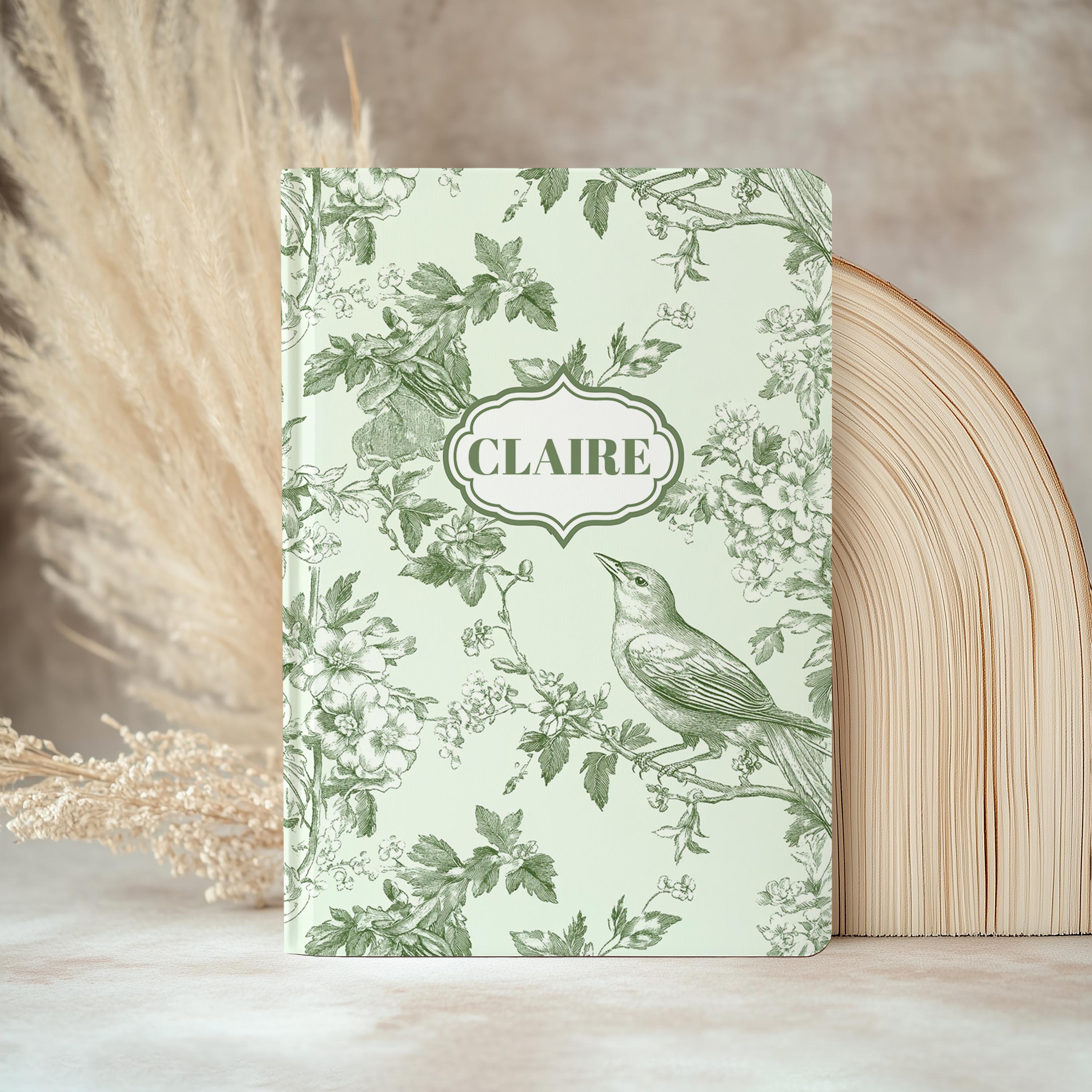 Personalized Toile Bird Journal - Green Chinoiserie Grandmillenial Custom Notebook