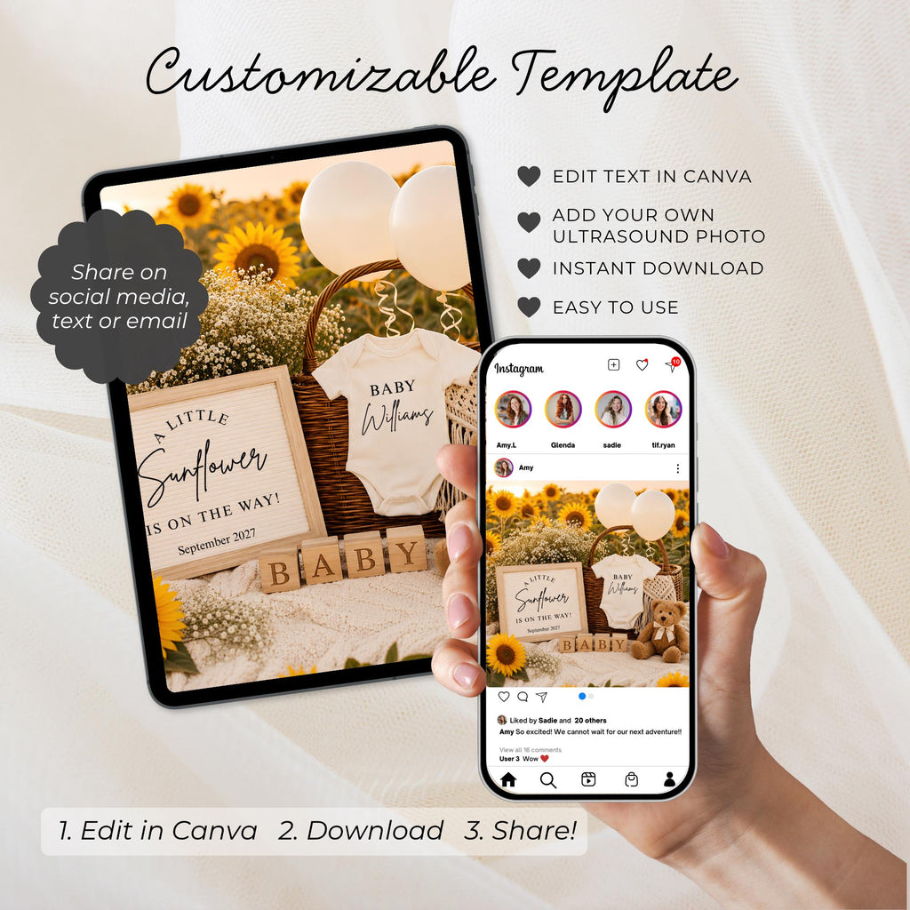 Digital Sunflower Pregnancy Announcment Template