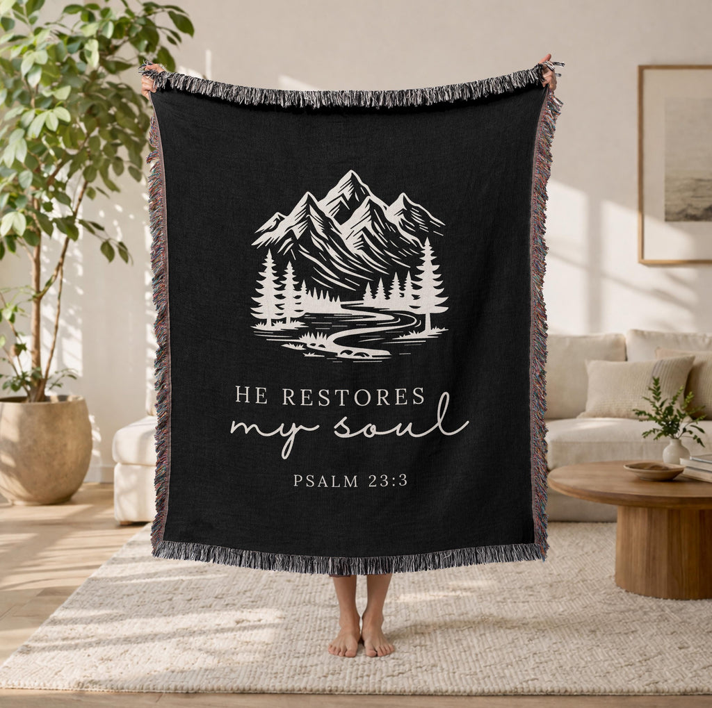 Christian Blanket Psalm 23:3 He Restores My Soul Faith Gift for Women Mom Grandma Scripture Throw Healing Comfort Nature Inspired Blanket