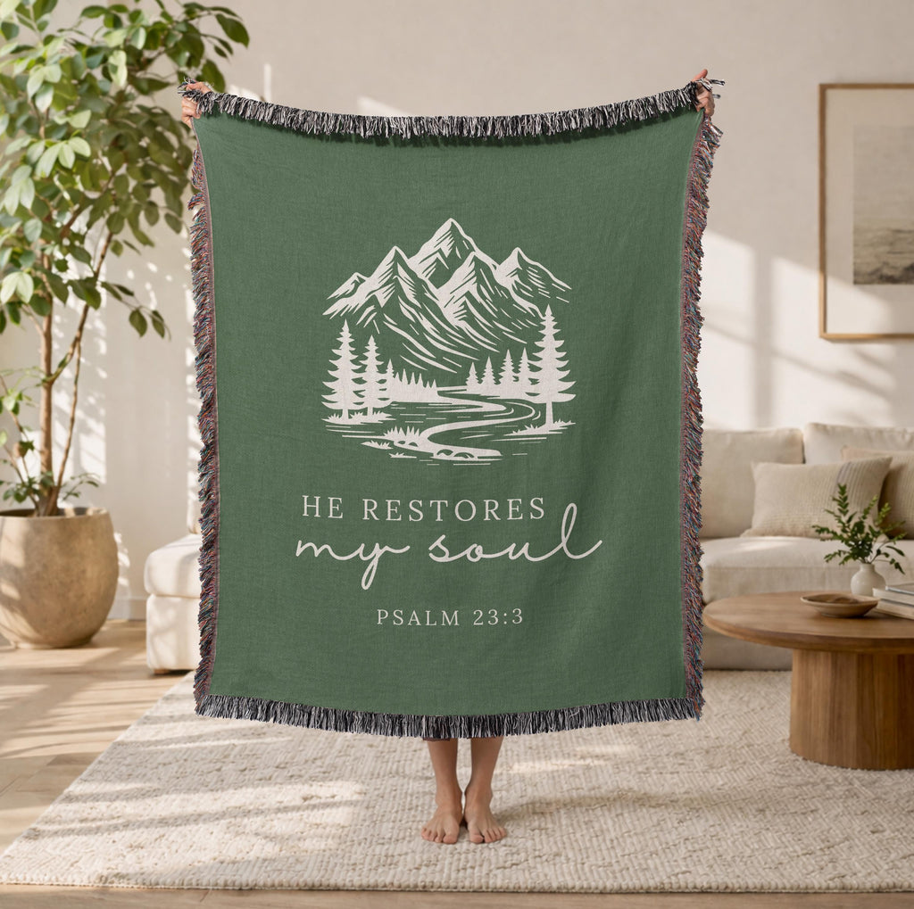 Christian Blanket Psalm 23:3 He Restores My Soul Faith Gift for Women Mom Grandma Scripture Throw Healing Comfort Nature Inspired Blanket