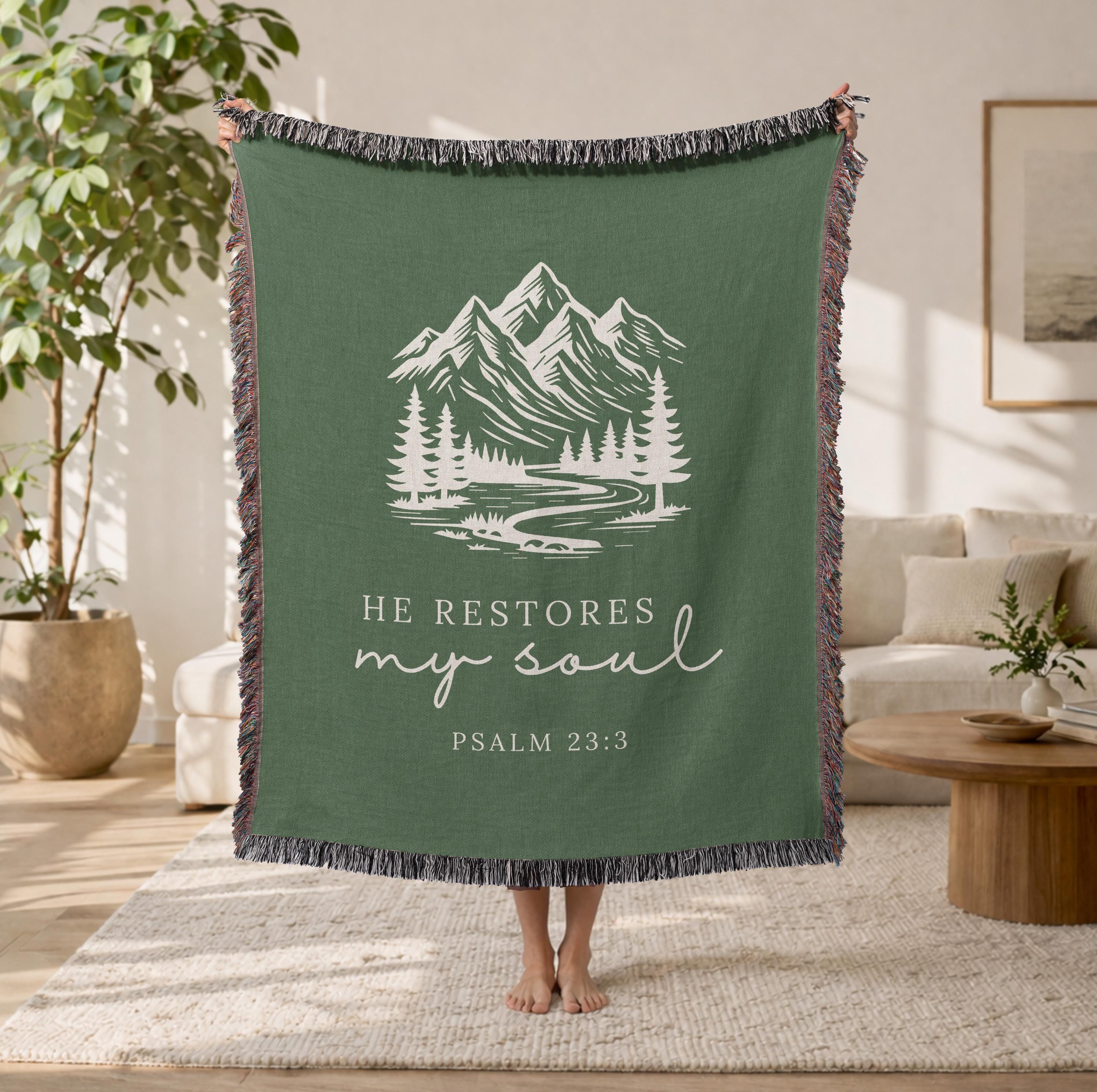 Christian Blanket Psalm 23:3 He Restores My Soul Faith Gift for Women Mom Grandma Scripture Throw Healing Comfort Nature Inspired Blanket