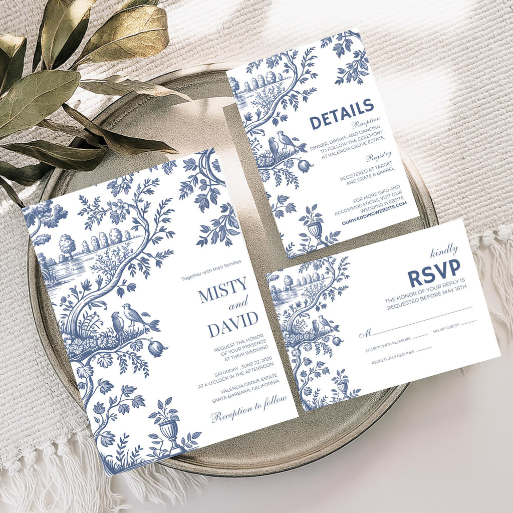 Dusty Blue Toile Wedding Invitation Set
