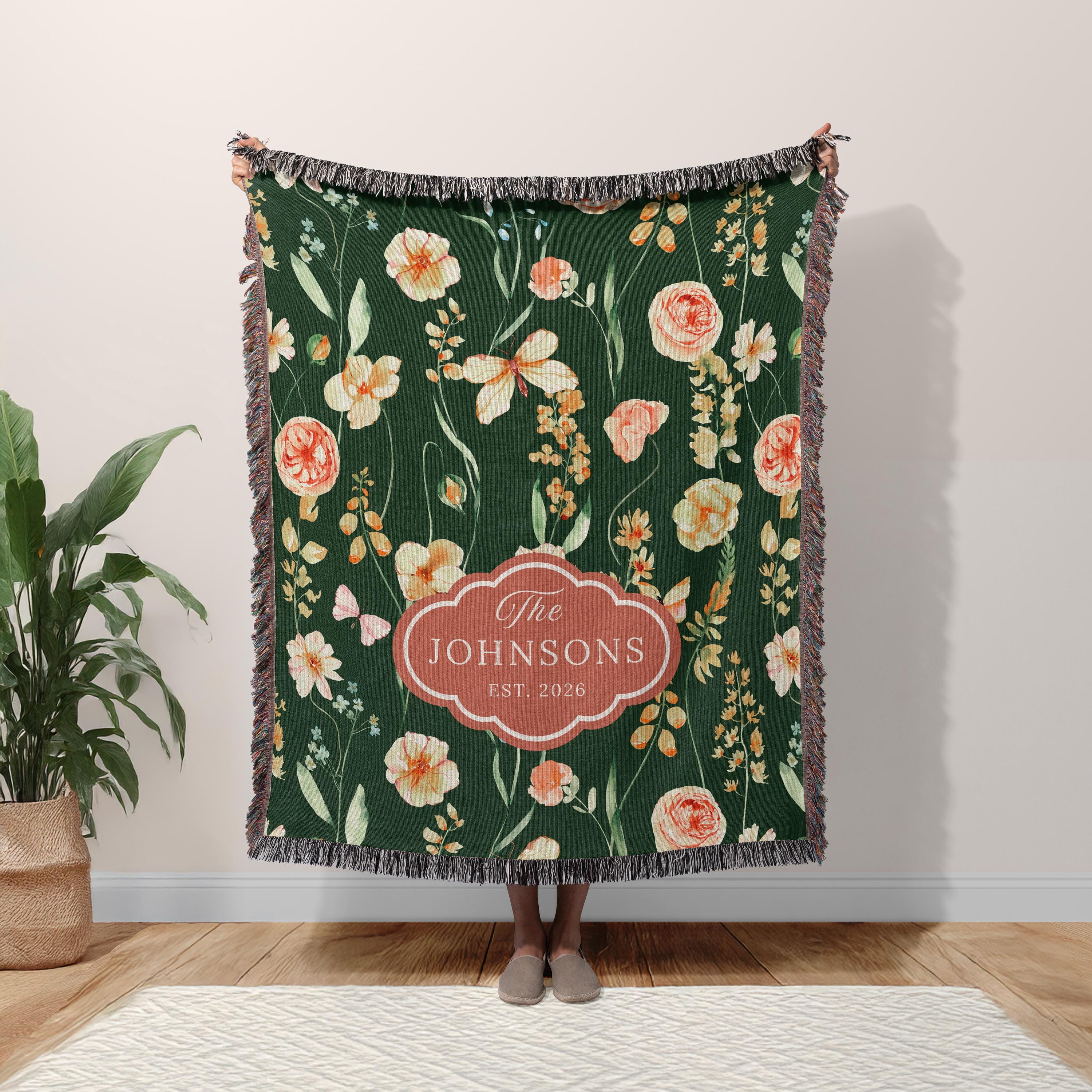 Personalized Moss Green Floral Blanket