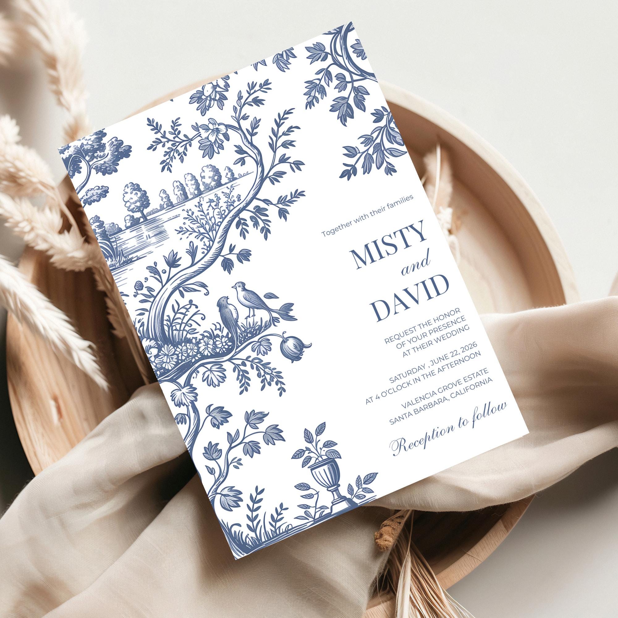 Dusty Blue Toile Wedding Invitation Set