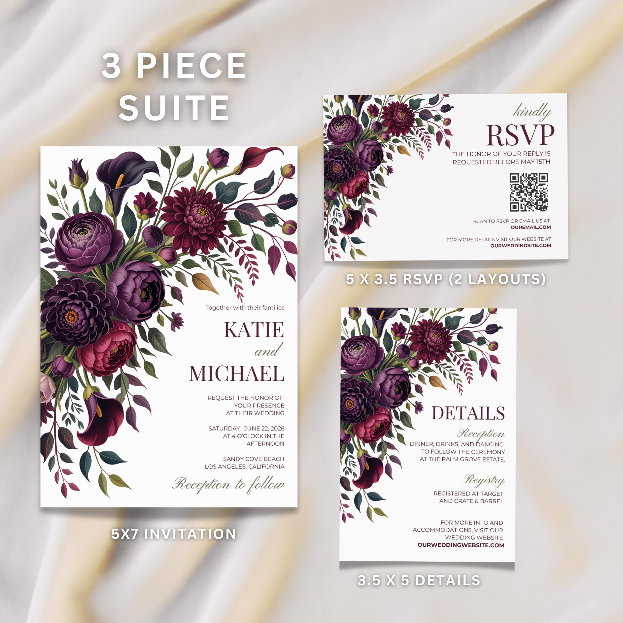 Purple Floral Wedding Invitation Template