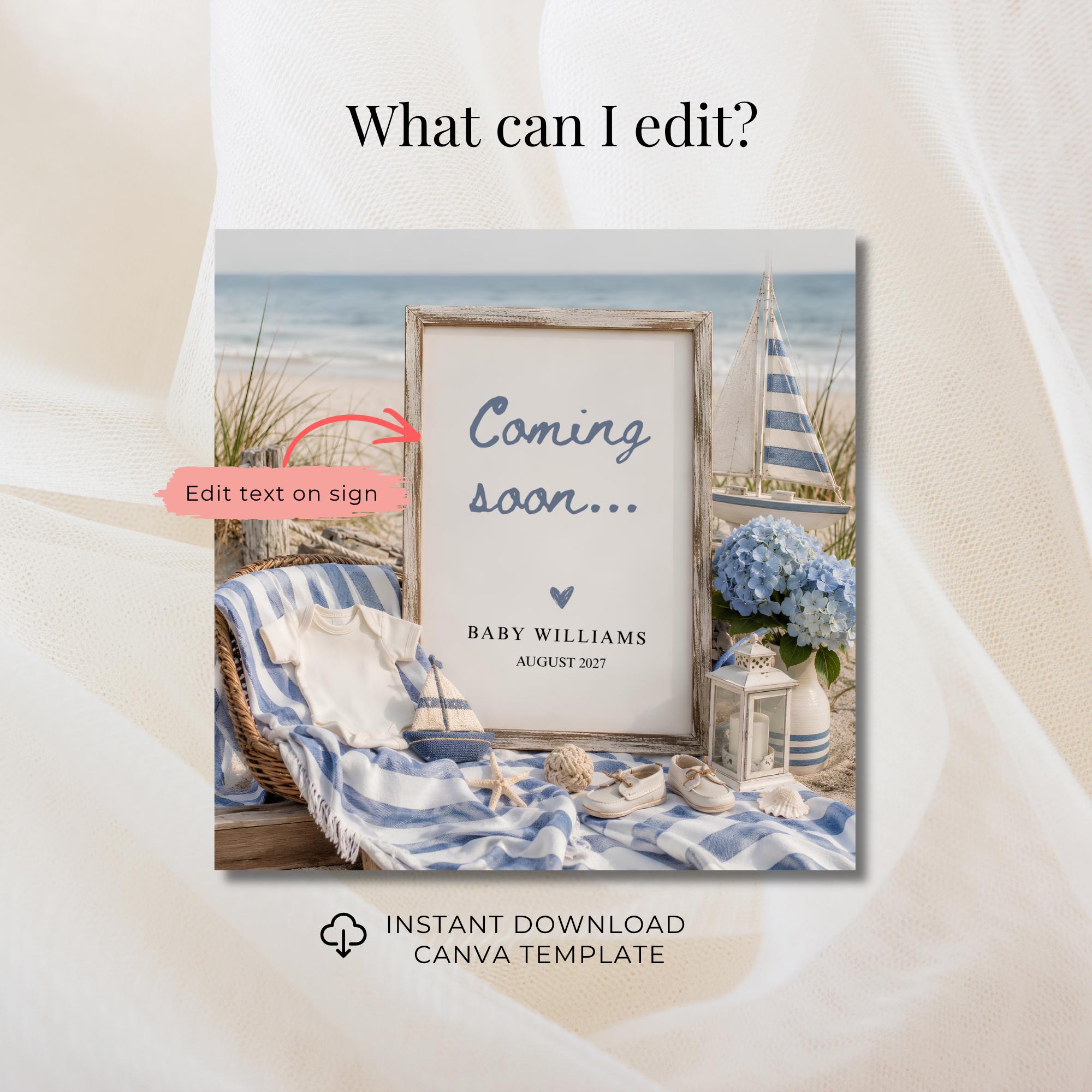 Digital Coastal Beach Pregnancy Announcment Template