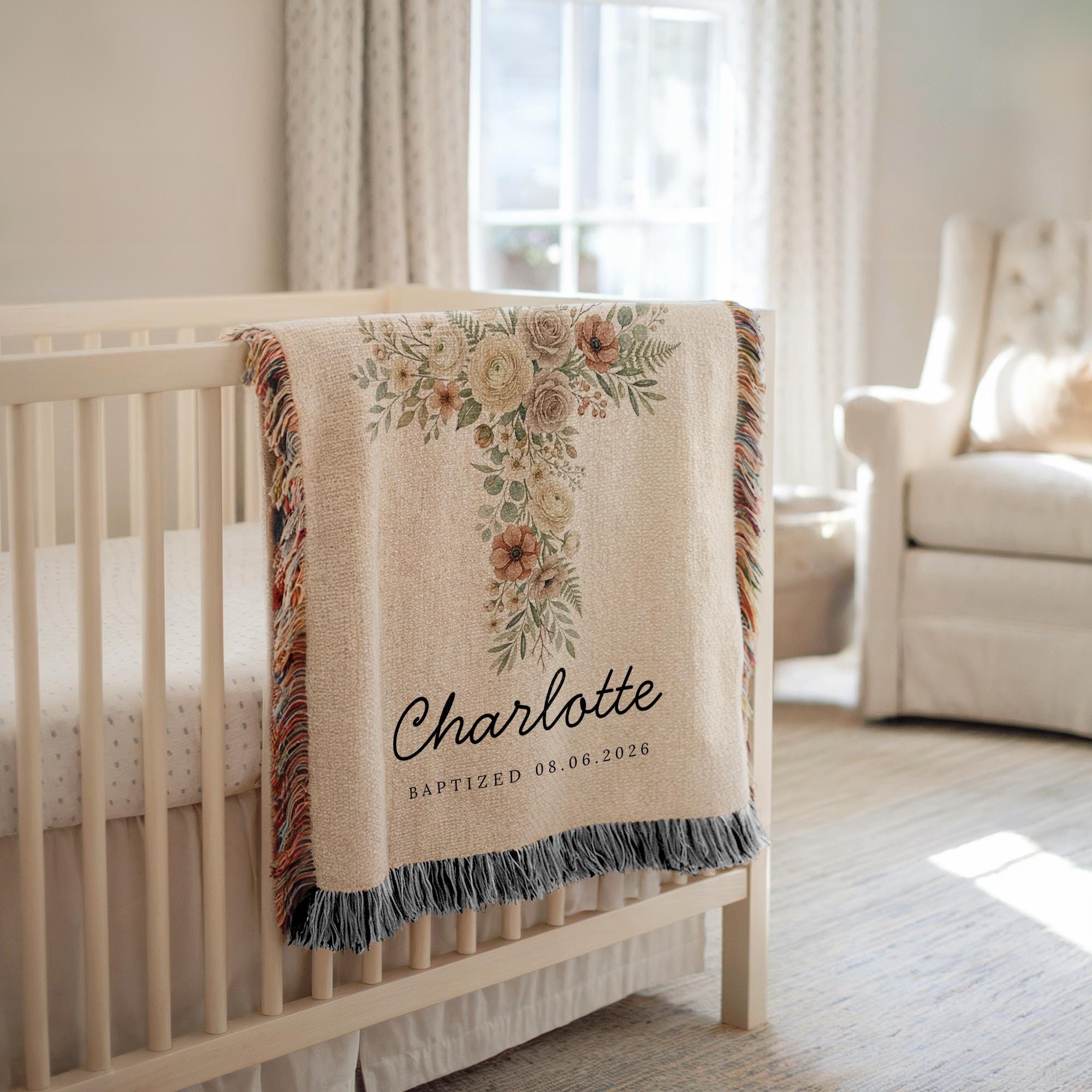 Personalized Baptism Blanket with Floral Cross