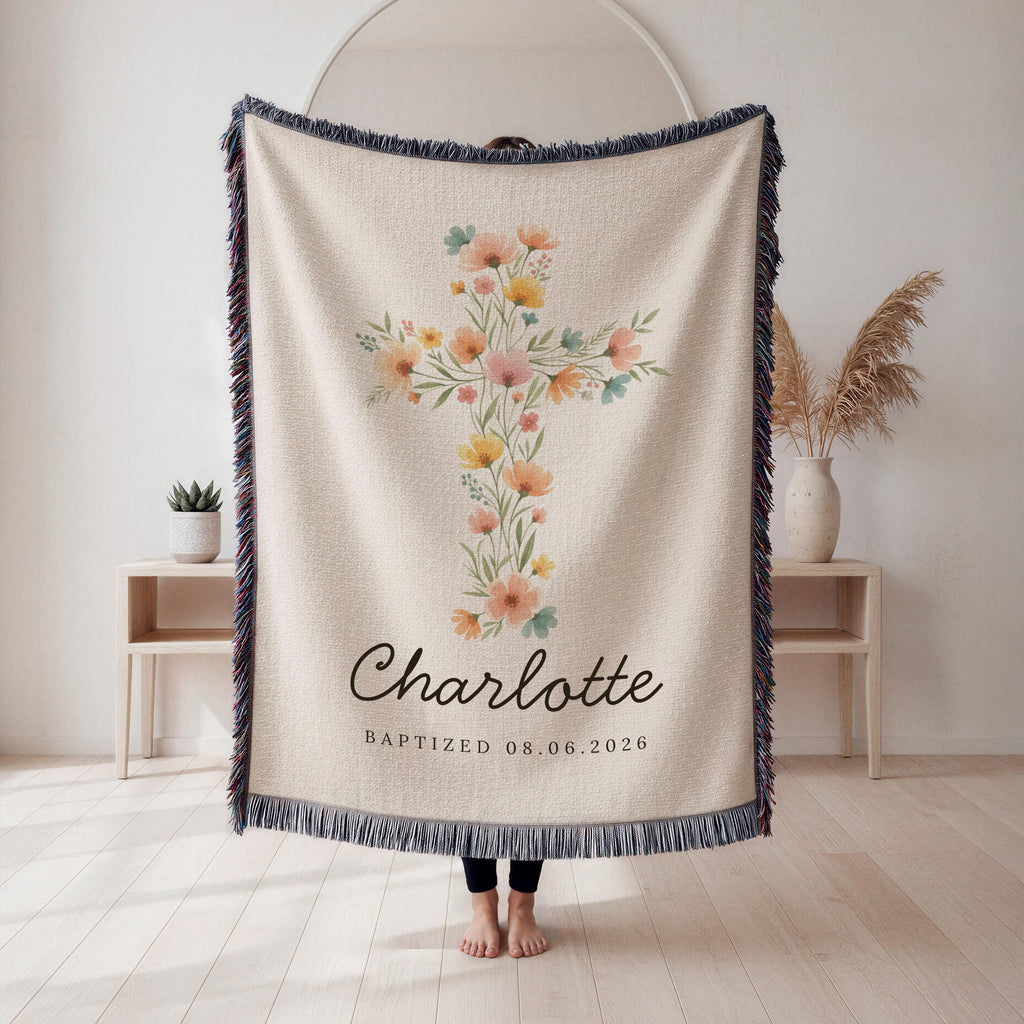 Personalized Baptism Blanket with Floral Cross