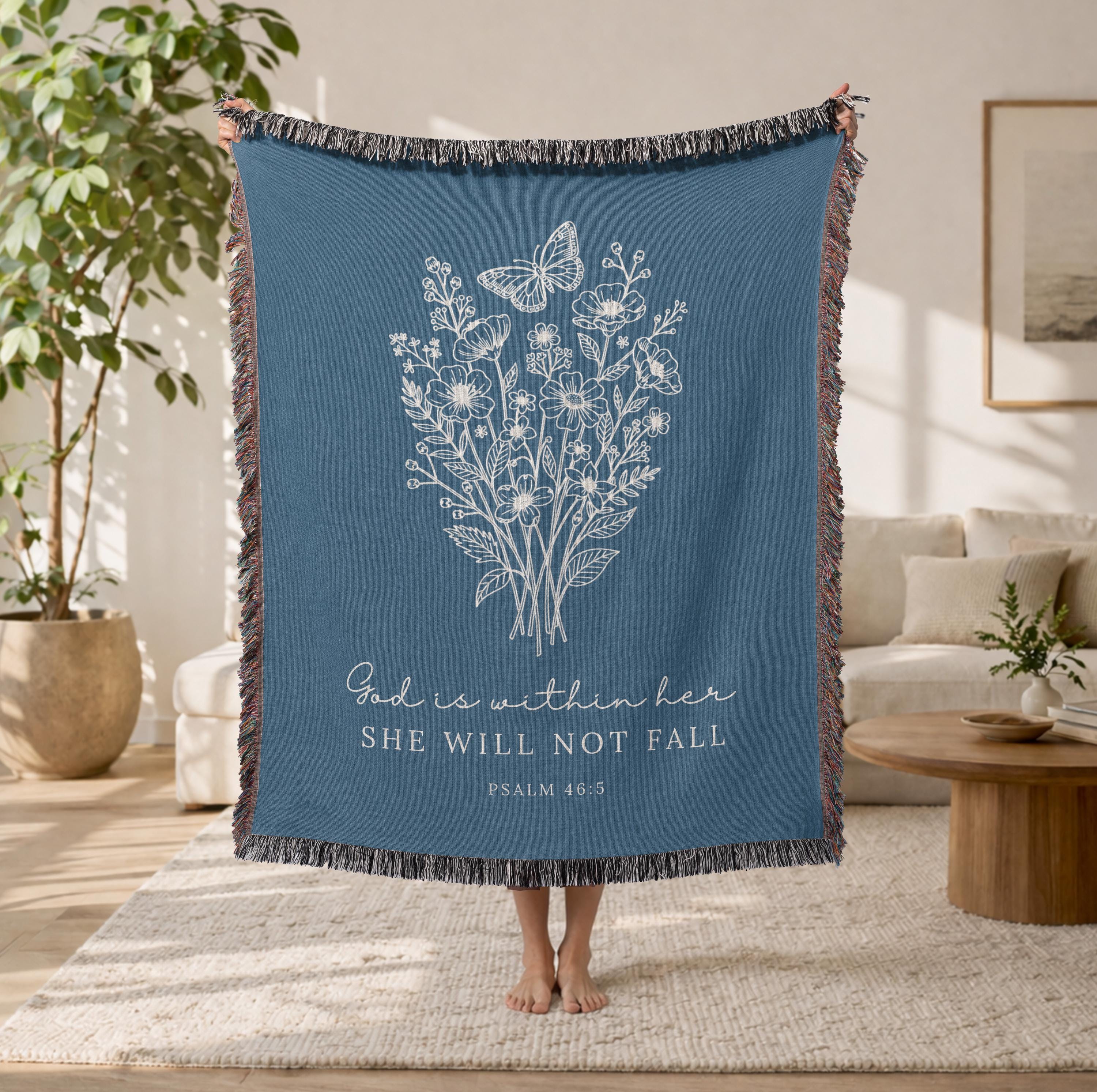 God Is Within Her She Will Not Fall Floral Woven Blanket Psalm 46:5 Christian Gift for Women Faith Inspirational Throw Sympathy Healing Gift