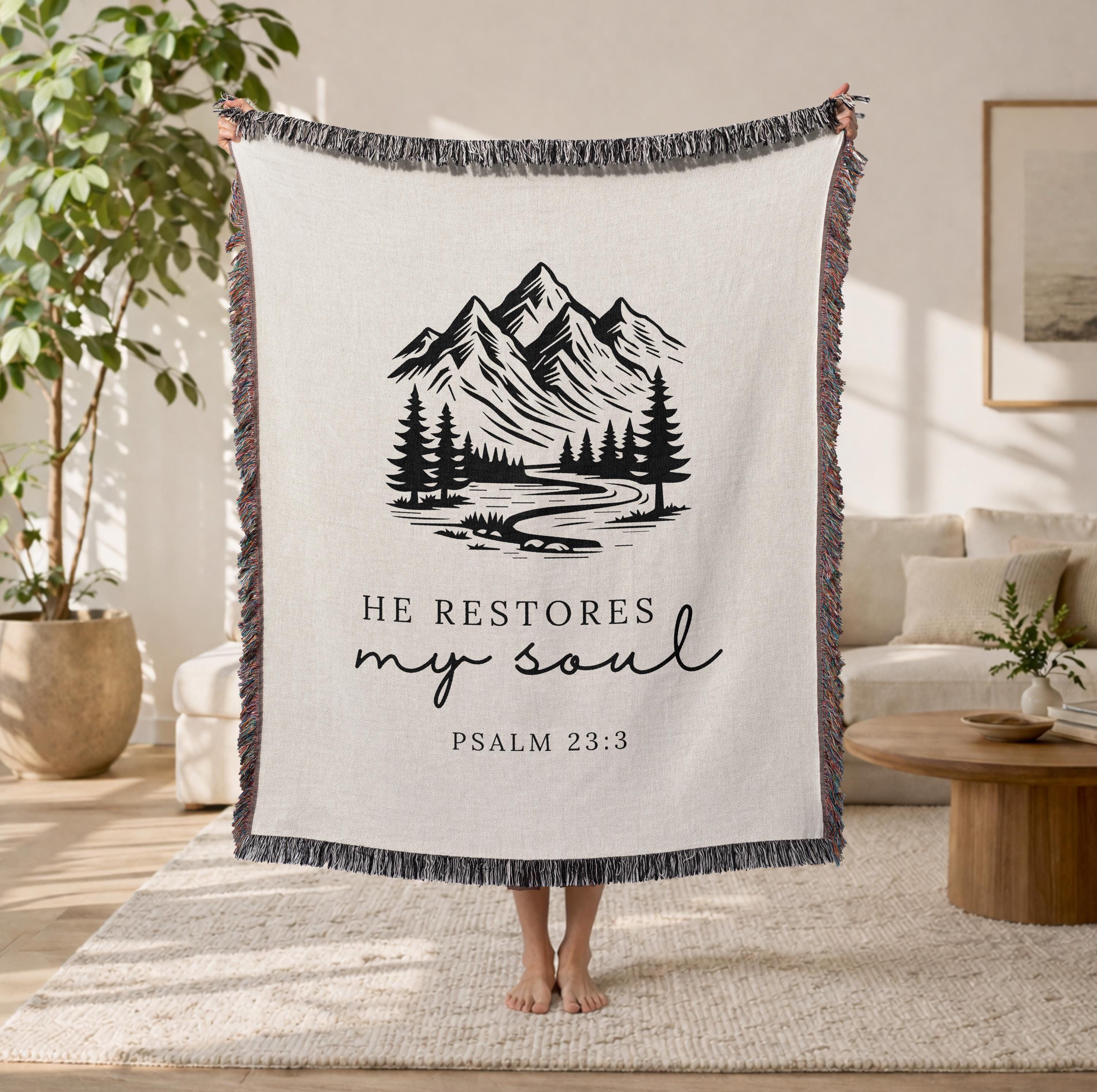 Christian Blanket Psalm 23:3 He Restores My Soul Faith Gift for Women Mom Grandma Scripture Throw Healing Comfort Nature Inspired Blanket