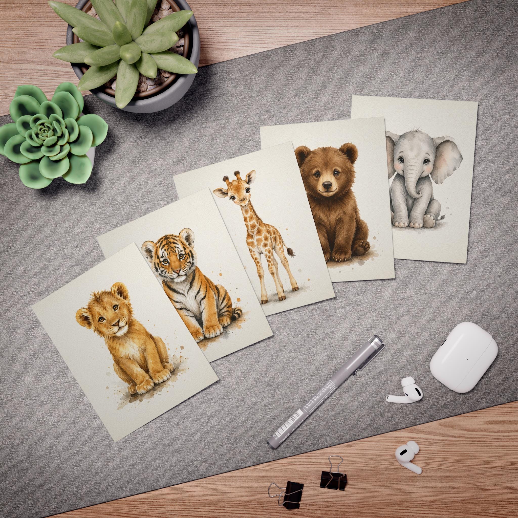 Watercolor Baby Safari Animals Greeting Cards (5-Pack)