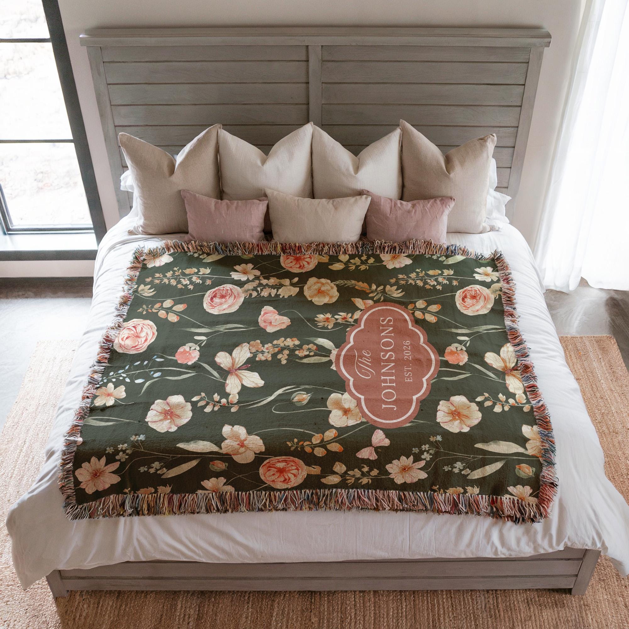 Personalized Moss Green Floral Blanket