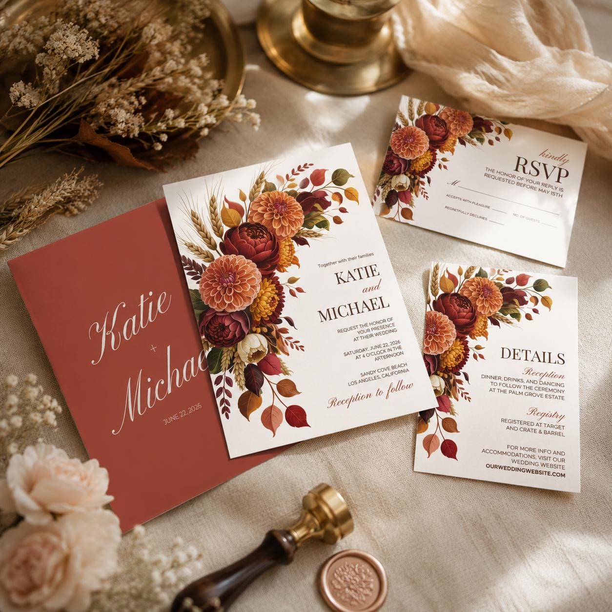 Terra Cotta Floral Wedding Invitation Suite